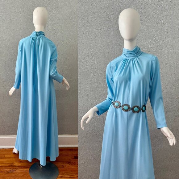 Vintage 60s Blue Grecian MOD Hostess Long Sleeve Maxi Dress L - Picture 1 of 16